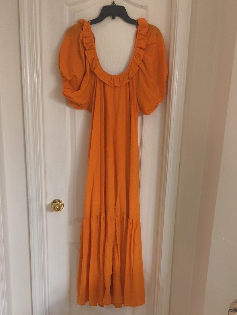 Puff-Sleeve Orange Maxi Dress with Ruffle Scoop -